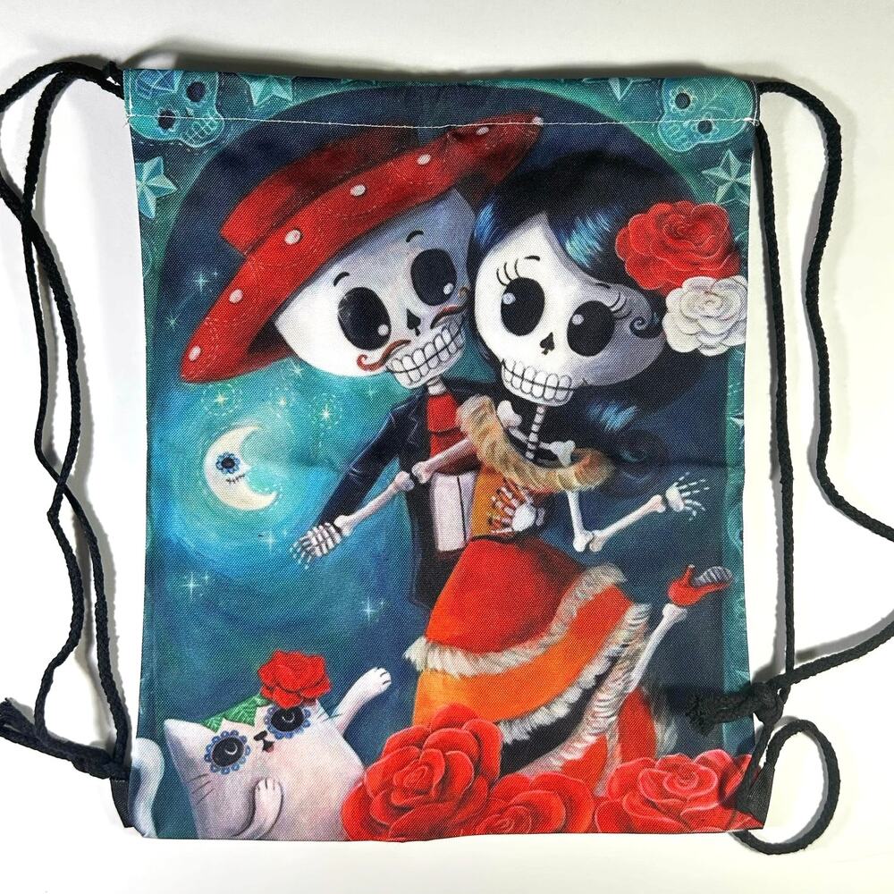 Dia de Los Muertos Sugar Skull Couple Rope Drawstring Canvas Tote Bag